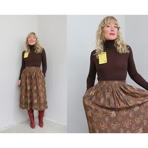 1970's Vintage Chaus Rayon Autumn Florals Midi Dress ~ Women's XS SM 27" Waist